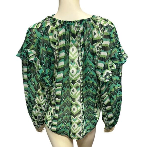 NWT Zara Green Printed Long Sleeve Blouse Ruffle Sleeves Size Small Vneck Top - Picture 3 of 7
